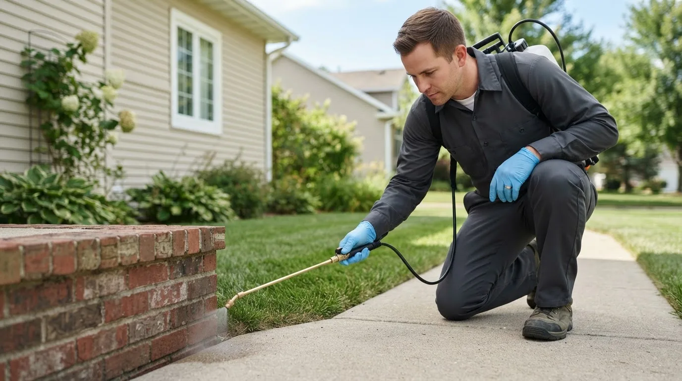 Pest control technician treating a home near Cameron, WI