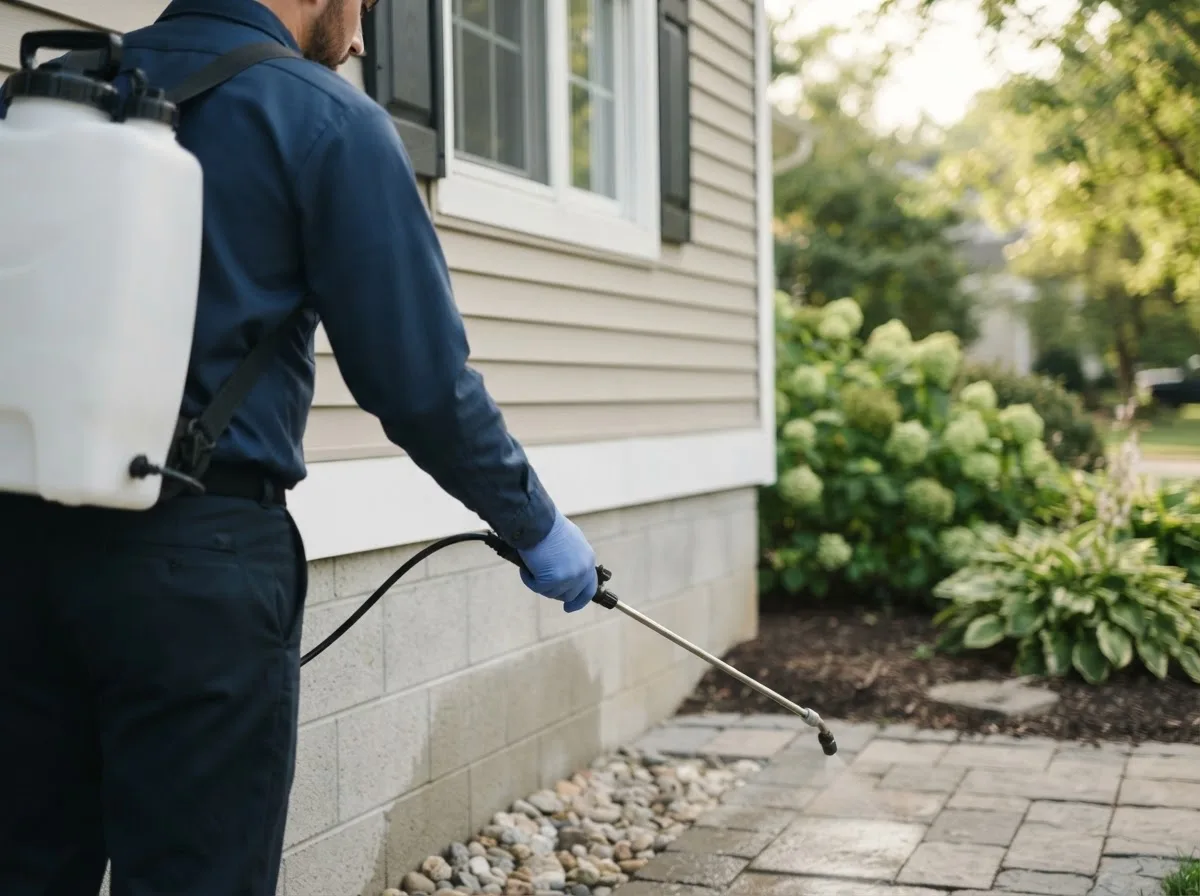Pest control technician inspecting a home in Cameron, WI